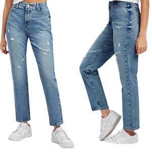 Good American Distressed Hi-Rise Skinnyish Fit Jeans Indigo046 Women 0 NWT